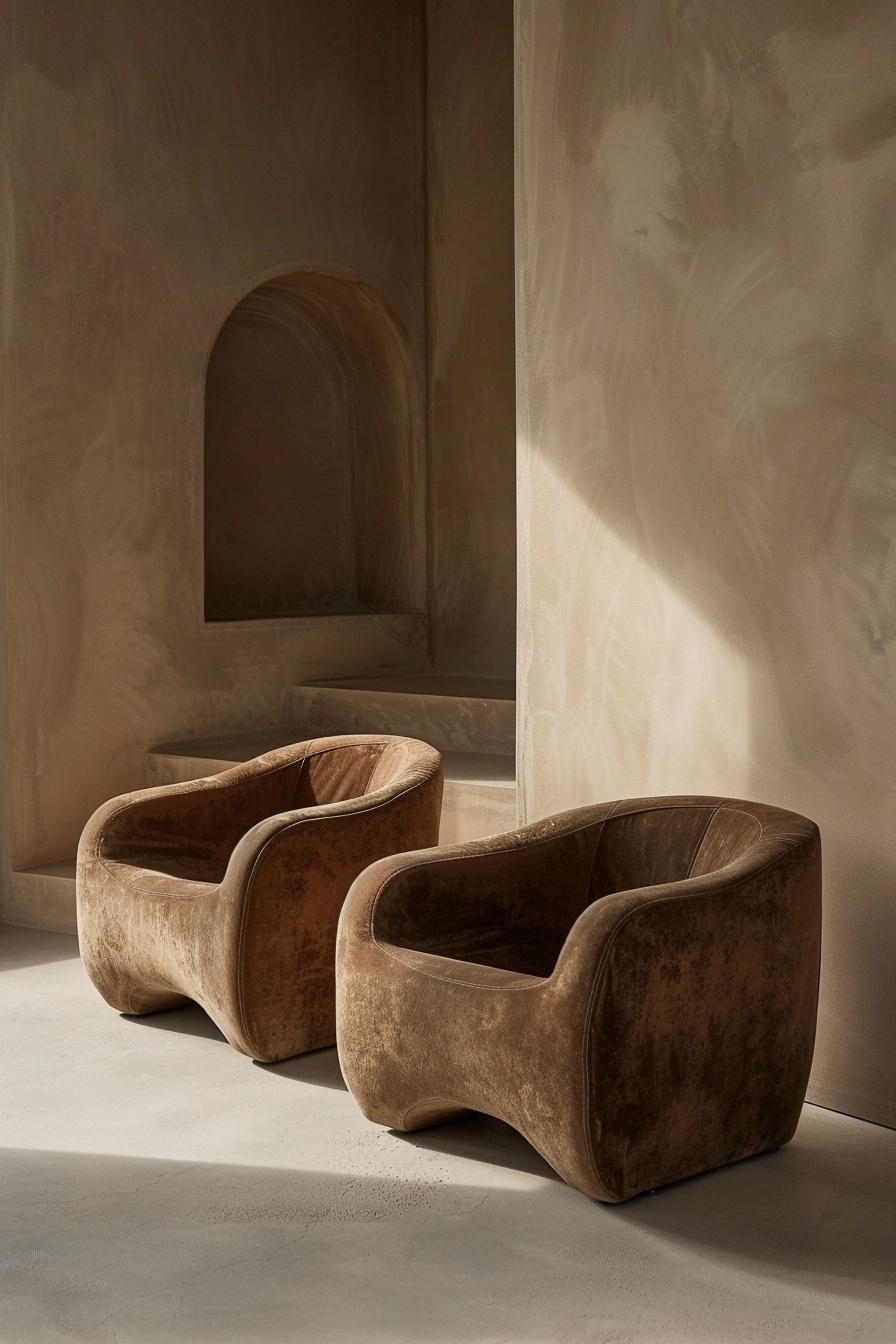 Brown designer armchairs representing physical products