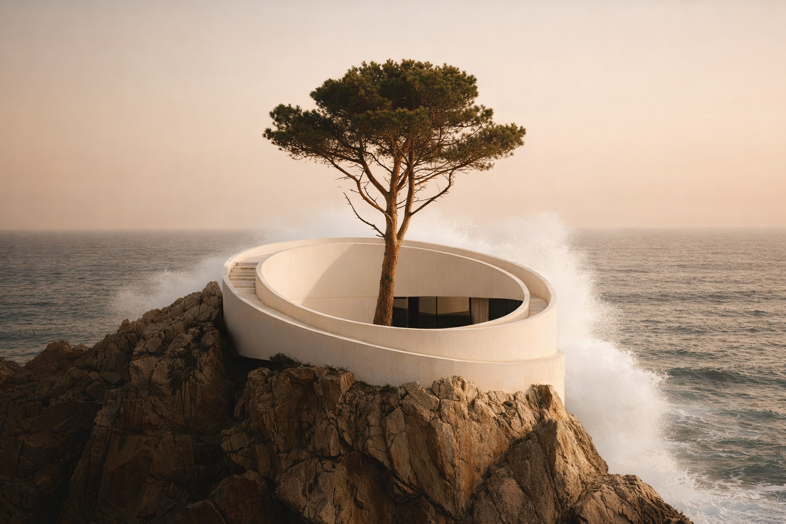 Circular concrete building with tree